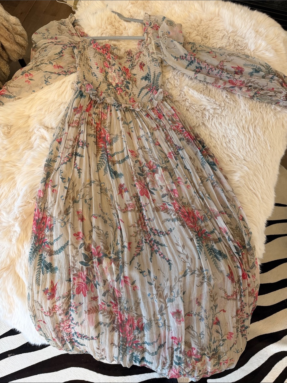 Zimmermann Floral Smocked Silk Dress with Pink Accents 0